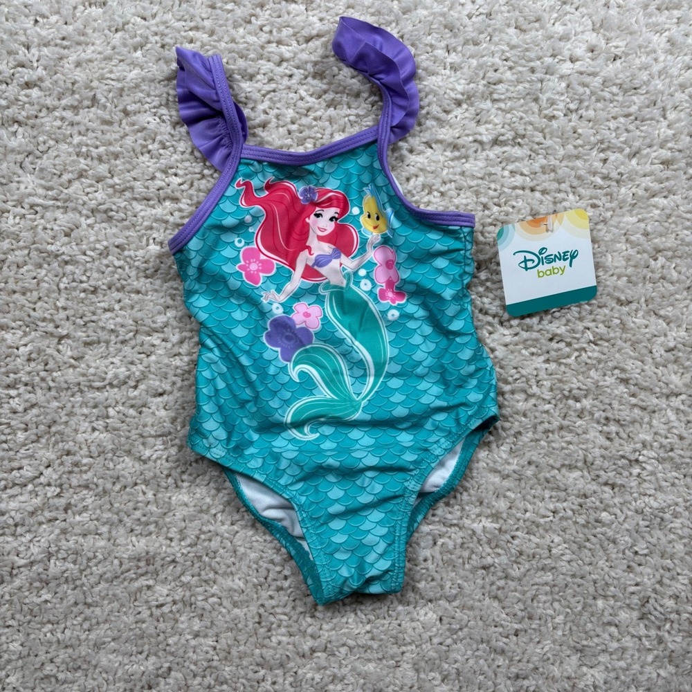 NWT Disney Baby Girls Swimsuit 18M Teal Ariel Mermaid Ruffle One Piece